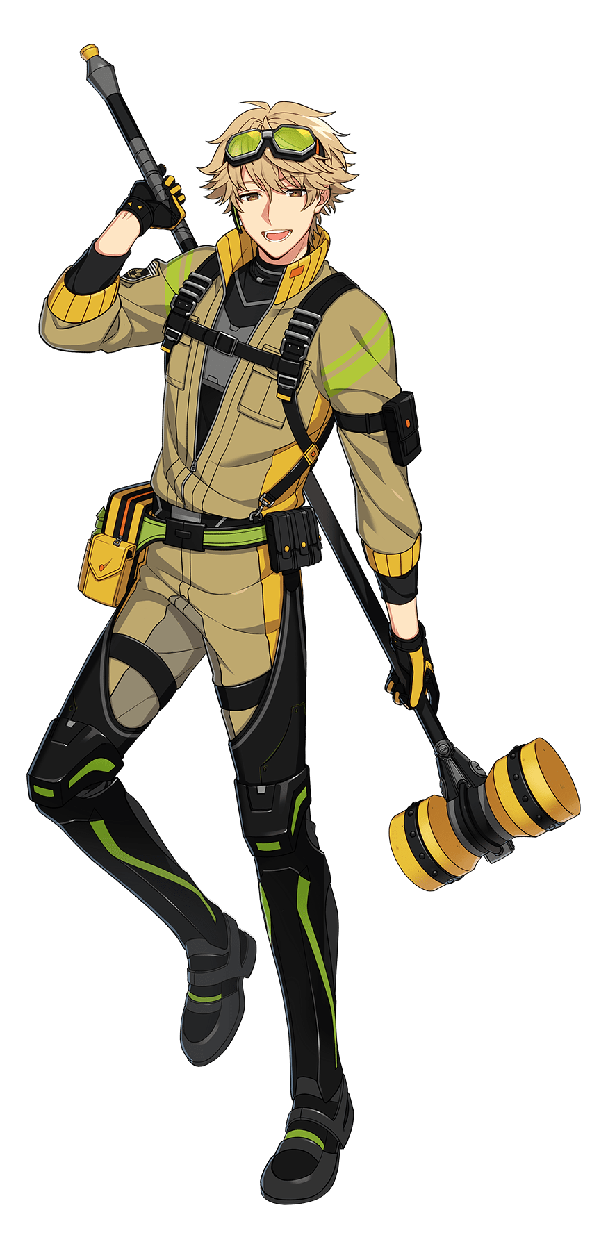 1boy belt black_gloves blonde_hair gloves goggles goggles_on_head hammer happy_elements helios_rising_heroes high_collar highres holding holding_weapon long_sleeves looking_at_viewer male_focus official_art open_mouth short_hair sleeves_past_elbows solo standing standing_on_one_leg tachi-e teeth third-party_source transparent_background weapon will_sprout yellow_eyes