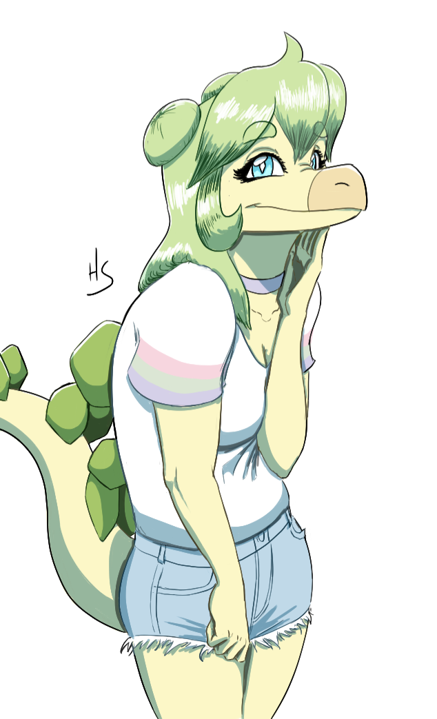 anthro bottomwear breasts cleavage clothed clothing cutoffs denim denim_clothing dinosaur female hair heartsick ornithischian reptile scalie shorts simple_background snoot_game spiked_tail spikes spikes_(anatomy) stegosaurian stegosaurus stella_(snoot_game) tail thyreophoran
