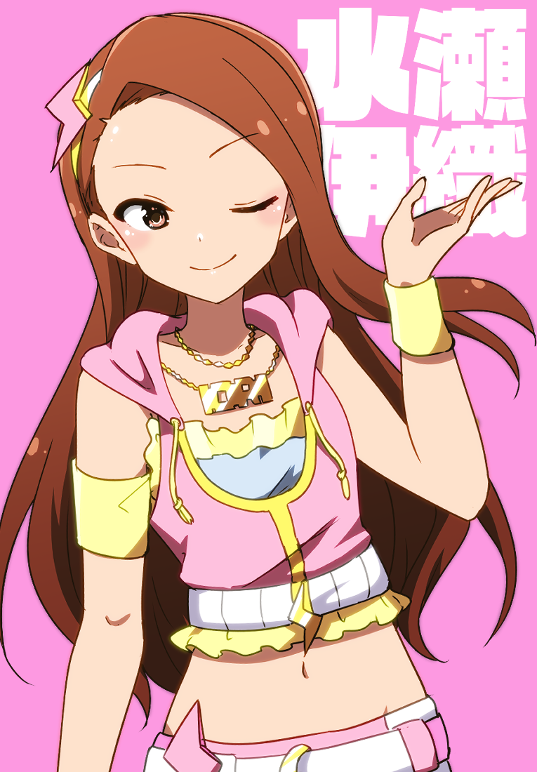 1girl armband bare_shoulders belt blush breasts brown_eyes brown_hair character_name closed_mouth crop_top cropped_hoodie dot_nose gold_hairband gold_necklace hair_ornament hairband hand_up hood hood_down hoodie idolmaster idolmaster_(classic) idolmaster_million_live! idolmaster_million_live!_theater_days jewelry kidachi lightning_bolt_hair_ornament lightning_bolt_symbol long_hair looking_at_viewer midriff minase_iori multiple_necklaces navel necklace one_eye_closed open_hand pink_background pink_diamond_765_(idolmaster) pink_hoodie simple_background sleeveless sleeveless_hoodie small_breasts smile solo translated upper_body white_belt yellow_armband yellow_wristband