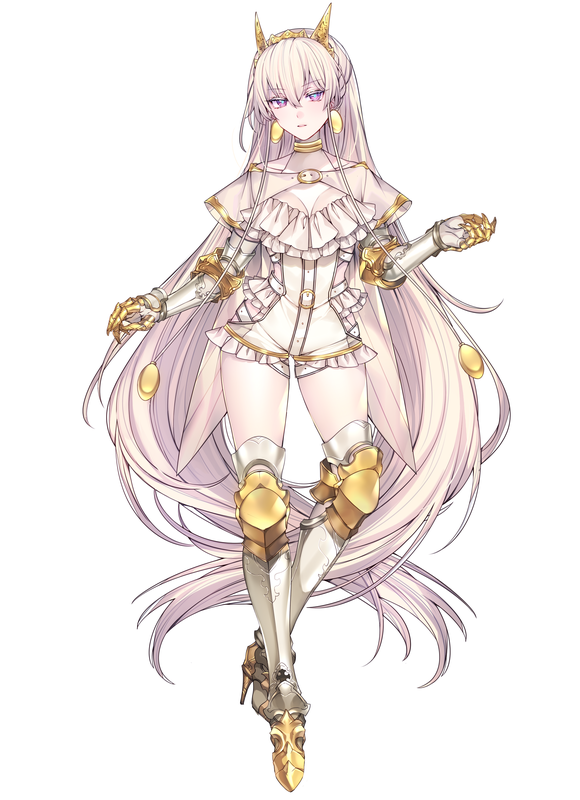 1girl armor blue_pupils breasts cleavage colored_eyelashes earrings full_body gauntlets greaves hair_between_eyes high_heels jewelry katagiri_hachigou long_hair looking_at_viewer medium_breasts neck_ring open_mouth personification pheromosa pokemon purple_eyes simple_background solo tiara very_long_hair white_background white_hair