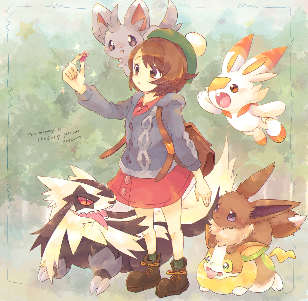 1girl backpack bag bob_cut boots brown_bag brown_eyes brown_footwear brown_hair buttons cable_knit cardigan collared_dress commentary_request dress eevee galarian_linoone gloria_(pokemon) green_headwear green_socks grey_cardigan hat holding hooded_cardigan minccino parted_lips pink_dress pokemon pokemon_(creature) pokemon_(game) pokemon_swsh roamo scorbunny short_hair socks sparkle tam_o'_shanter yamper