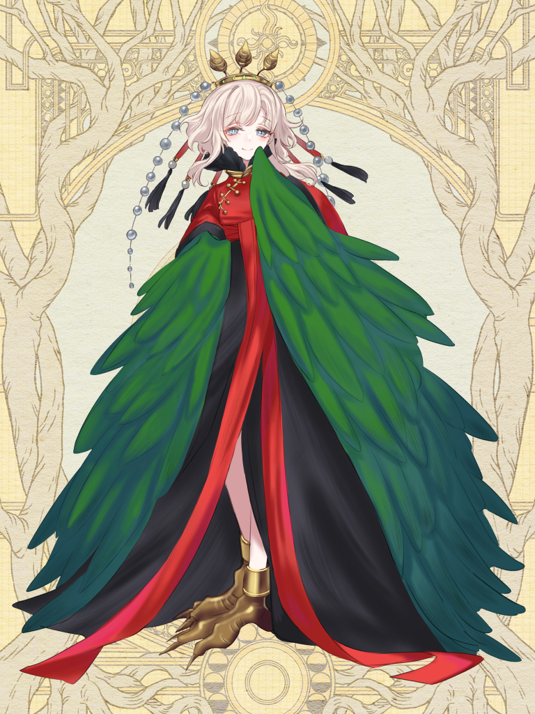 1girl blonde_hair clothing_request dairoku_ryouhei dress edith_echelle full_body green_wings grey_eyes harpy headpiece looking_at_viewer medium_hair monster_girl red_dress romayasu standing talons wings yellow_background