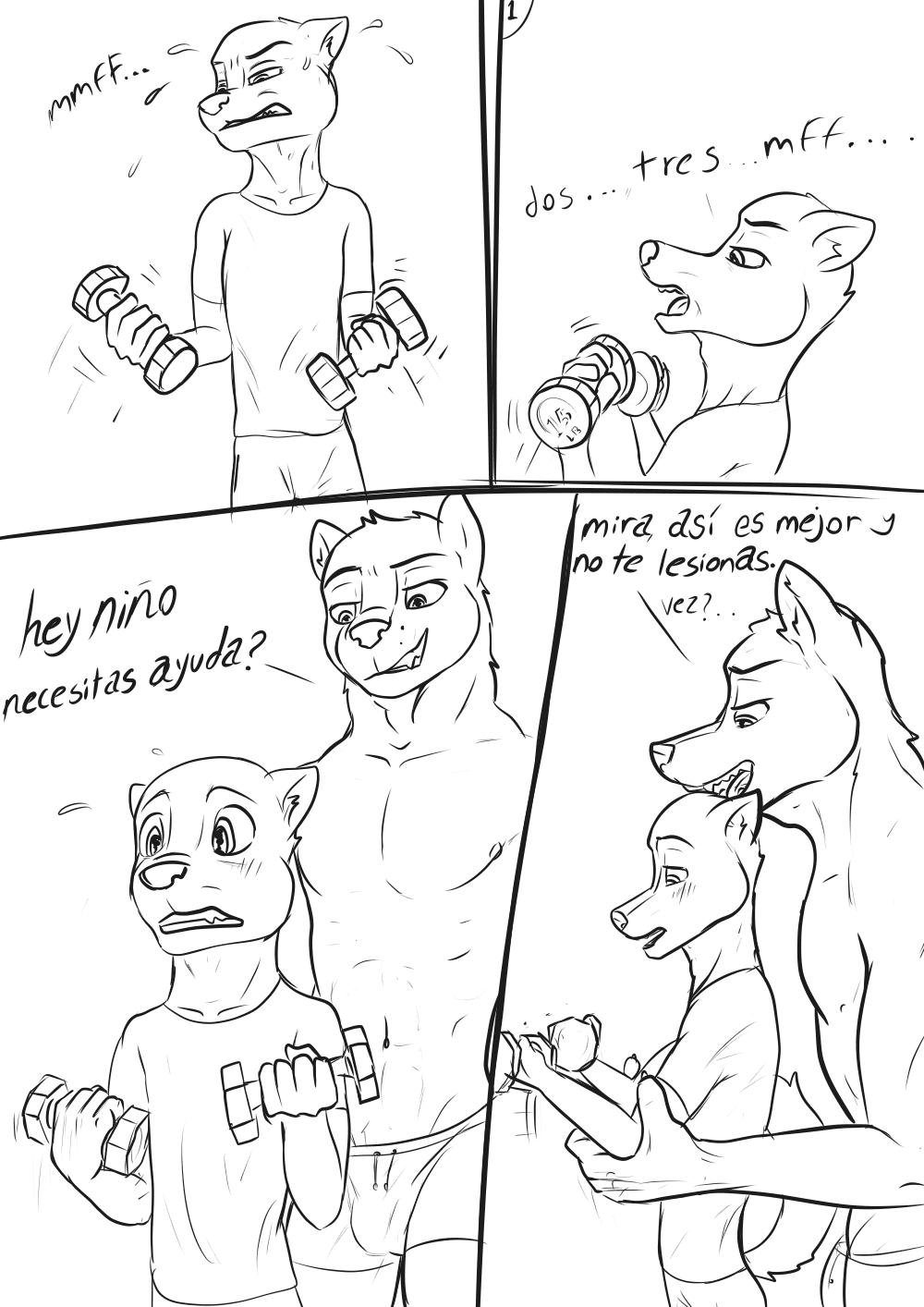 age_difference alaskan_malamute anthro canid canine canis coach domestic_dog duo exercise_clothing exercise_gear hi_res holding_object male male/male mammal monochrome nordic_sled_dog size_difference sketch spanish_text spitz teaching text wolfyalex96 younger_male