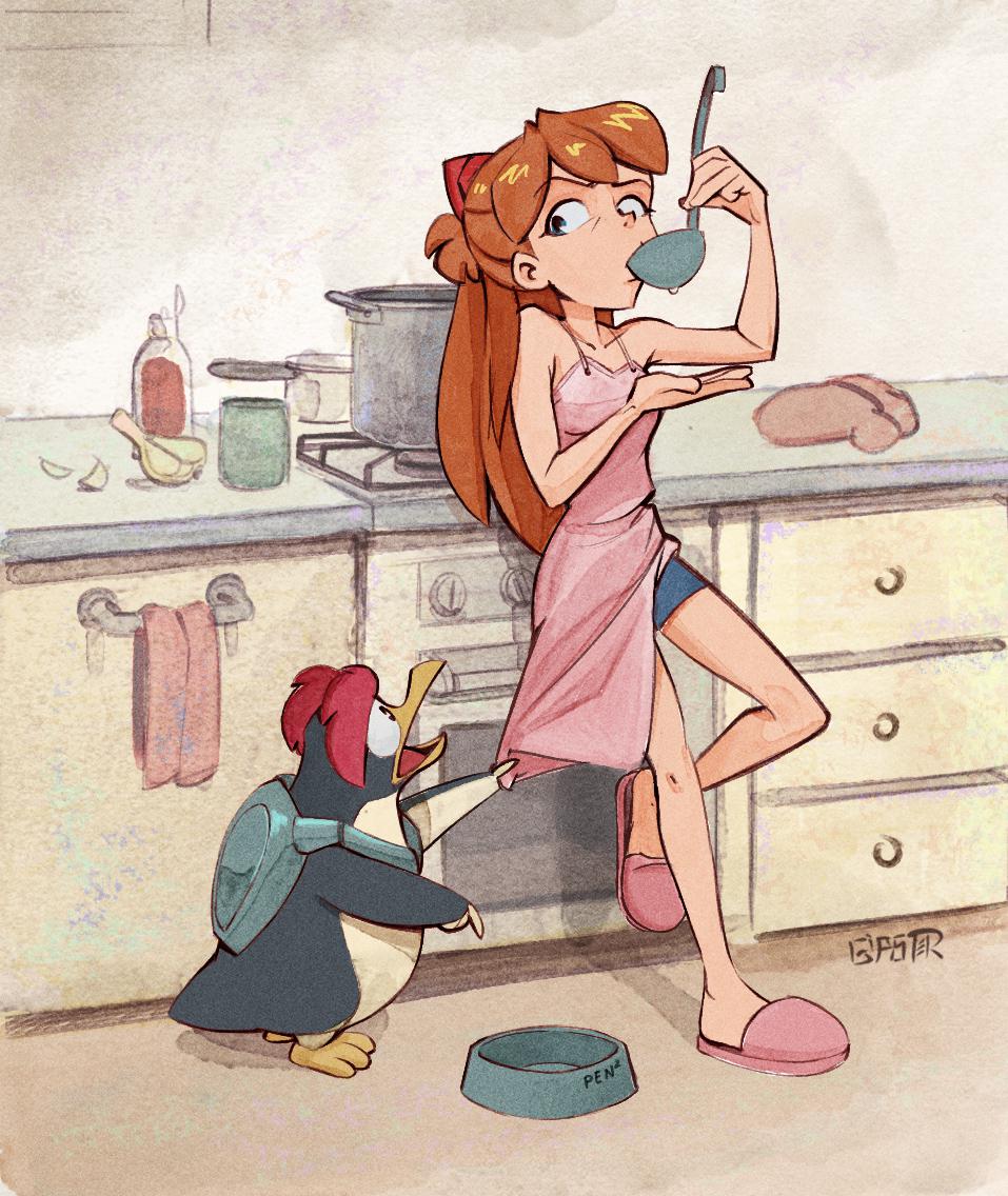 1girl artist_name bird blue_eyes cooking_pot english_commentary food garlic giaster hand_towel indoors kitchen neon_genesis_evangelion orange_hair oven penguin penpen pink_footwear slippers souryuu_asuka_langley standing