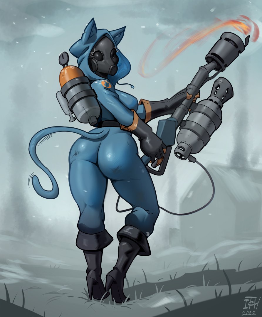1girl animal_hood ass belt black_footwear black_gloves blue_bodysuit blue_hood bodysuit boots breasts cat_hood cat_tail covered_face drawstring english_commentary eyelashes fake_tail flamethrower from_behind full_body gas_mask gas_tank genderswap genderswap_(otf) gloves high_heel_boots high_heels holding holding_weapon hood itch_(itchy_ears) kemonomimi_mode knee_boots large_breasts looking_back mask pyro_(tf2) skin_tight smoke solo standing tail team_fortress_2 two-tone_gloves weapon