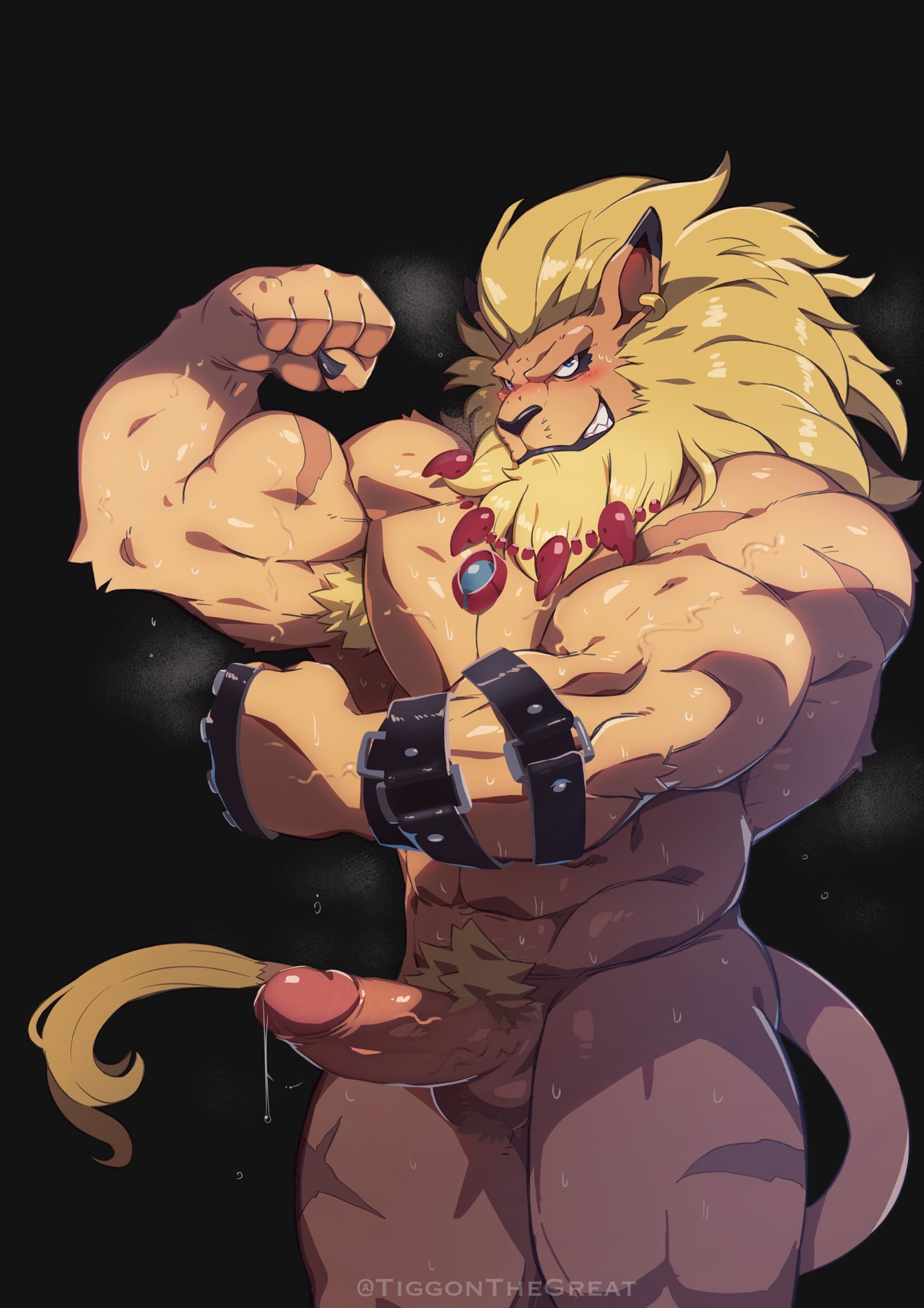 5_fingers abs anthro balls bandai_namco biceps biped blonde_hair blue_eyes blush bodily_fluids digimon digimon_(species) ear_piercing erection felid fingers fist flexing foreskin fur genital_fluids genitals grin hair hi_res humanoid_genitalia humanoid_penis jewelry kemono leomon looking_at_viewer male mammal mane muscular muscular_anthro muscular_male necklace nude pantherine partially_retracted_foreskin pecs penis piercing pose precum pubes pupils slit_pupils smile solo tan_body tan_fur tan_skin tiggon_the_great vein