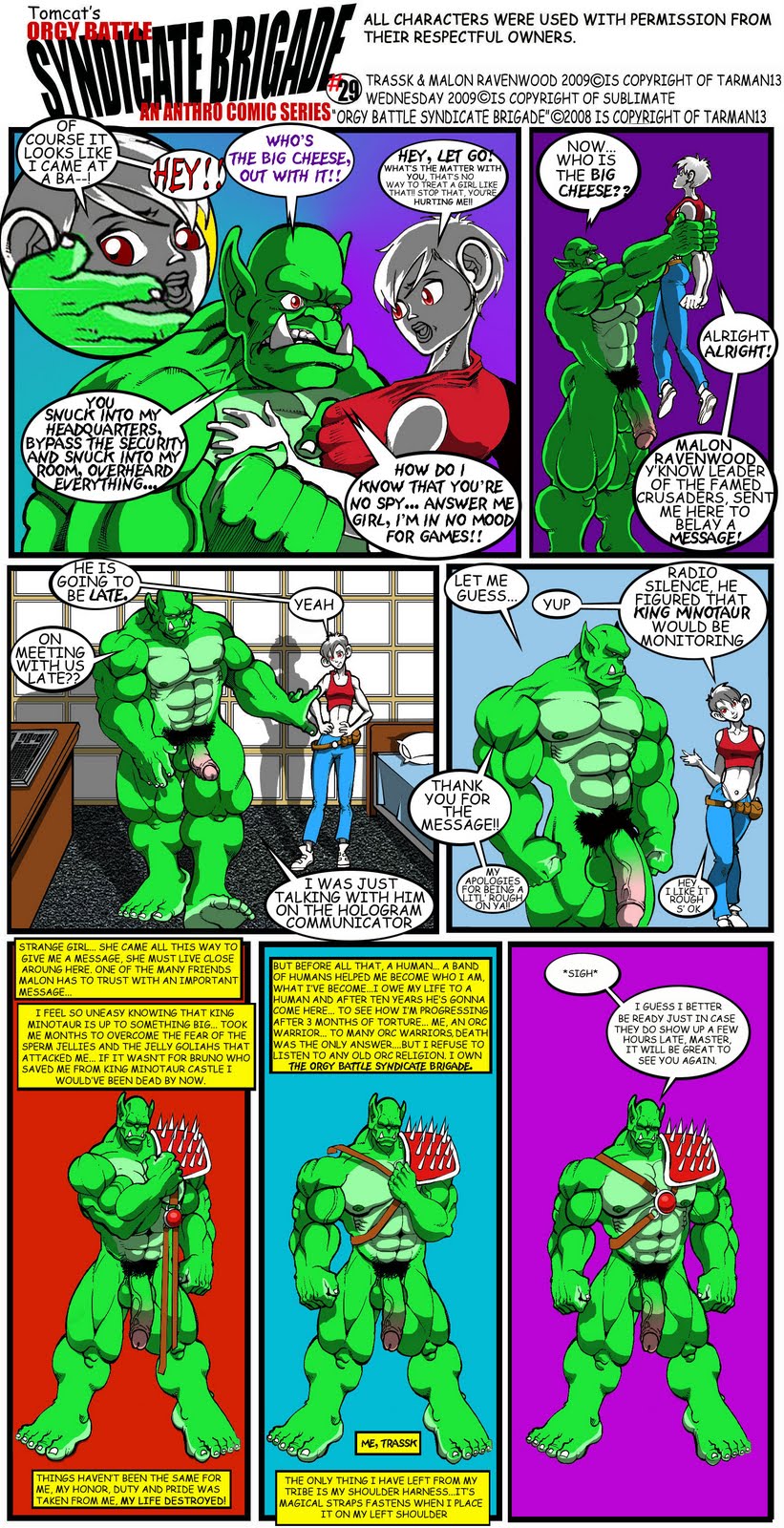 2009 anthro armor bottomwear clothing comic duo english_text female flaccid footwear genitals glans green_body green_nipples green_penis green_skin hi_res humanoid humanoid_genitalia humanoid_penis male muscular muscular_anthro muscular_male nipples nude orc pants penis pink_glans pubes shirt shoes speech_bubble text tomcat_(artist) topwear trassk unconvincing_armor vein veiny_penis wednesday