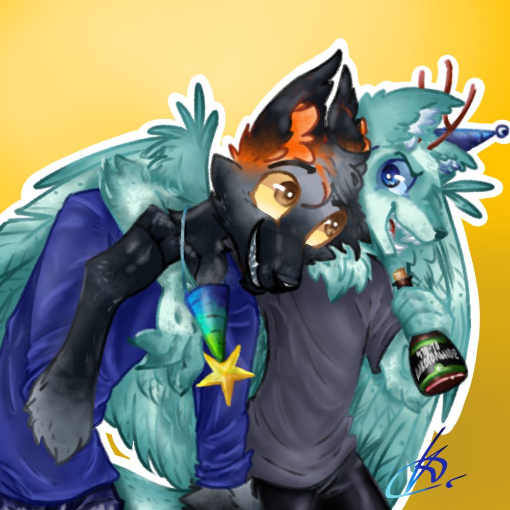 alcohol anthro arctic_fox beverage birthday blue_clothing blue_eyes blue_shirt blue_topwear bottomwear canid canine chest_tuft clothing duo duo_focus echo_dustrose female female_anthro fox grey_body group hat headgear headwear horn inner_ear_fluff kalach kalachik22 male male_anthro mammal mint_body pants party_hat shirt topwear tuft wings