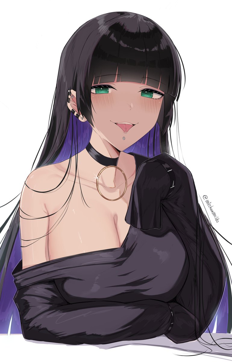 1girl arm_support barbell_piercing black_dress black_hair black_wristband blush bocchi_the_rock! breasts chin_piercing cleavage collar collarbone dress ear_piercing earclip earrings green_eyes highres hime_cut industrial_piercing jewelry large_breasts long_hair long_sleeves looking_at_viewer micchan_(micchanmeido) multicolored_hair multiple_earrings off-shoulder_dress off_shoulder pa-san piercing purple_hair simple_background single_bare_shoulder solo tongue tongue_out twitter_username upper_body white_background