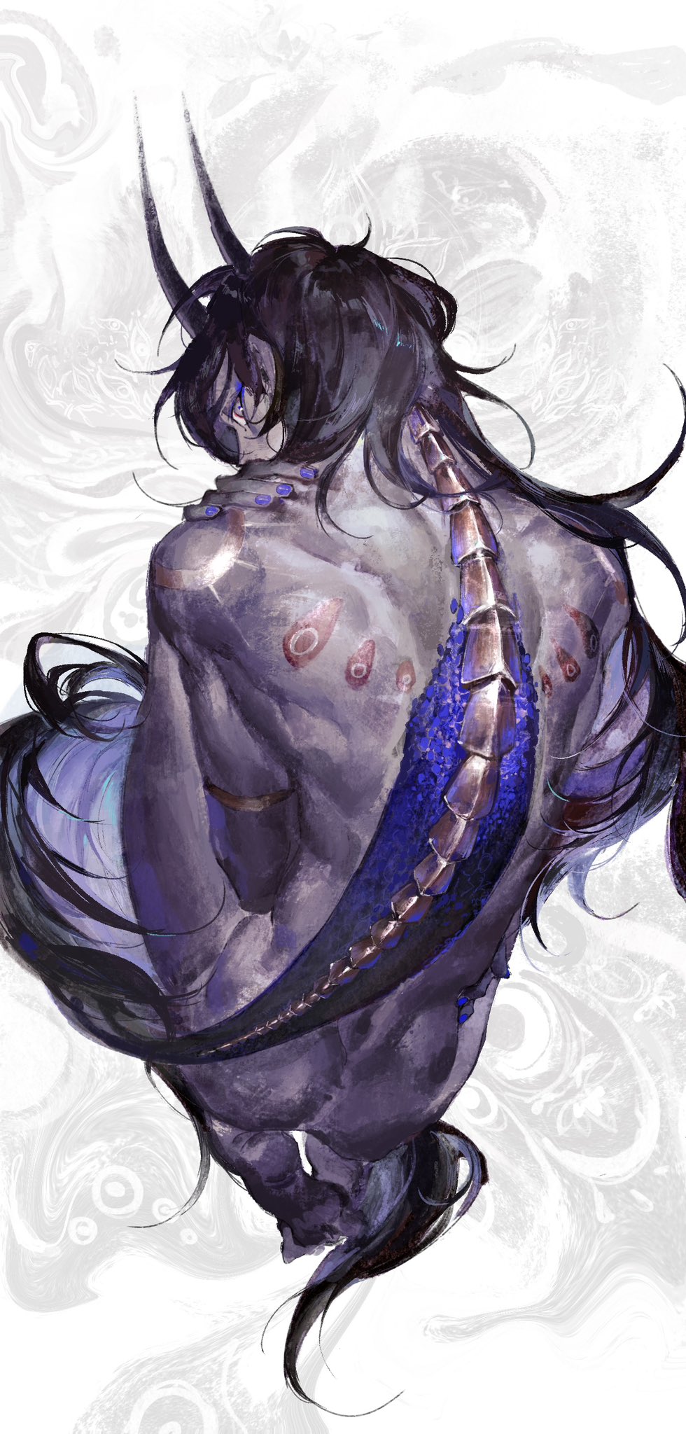 1boy arjuna_(fate) arjuna_alter_(fate) armband ass back barefoot black_hair body_markings dark-skinned_male dark_skin fate/grand_order fate_(series) from_behind full_body grey_eyes hand_on_own_shoulder highres horns long_hair looking_at_viewer looking_back male_focus midair muscular muscular_male patterned profile purple_nails sailin simple_background solo spine tail