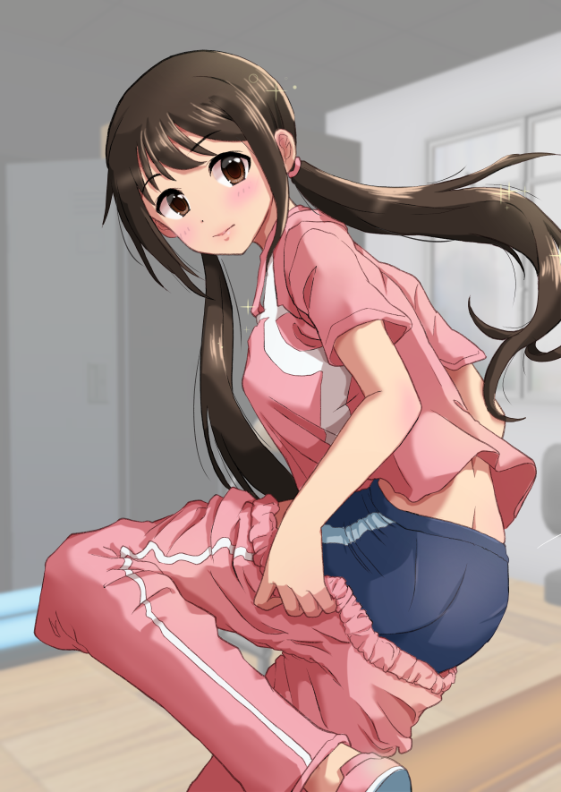 1girl back_peek basasa black_hair blue_shorts blush bow breasts brown_eyes closed_mouth commentary_request dot_nose dressing from_behind hair_bow idolmaster idolmaster_cinderella_girls idolmaster_cinderella_girls_starlight_stage indoors jacket leg_up long_hair looking_at_viewer looking_back low_twintails medium_breasts nakano_yuka pants pink_bow pink_footwear pink_jacket pink_pants shoes short_sleeves shorts solo standing standing_on_one_leg track_jacket track_pants twintails window