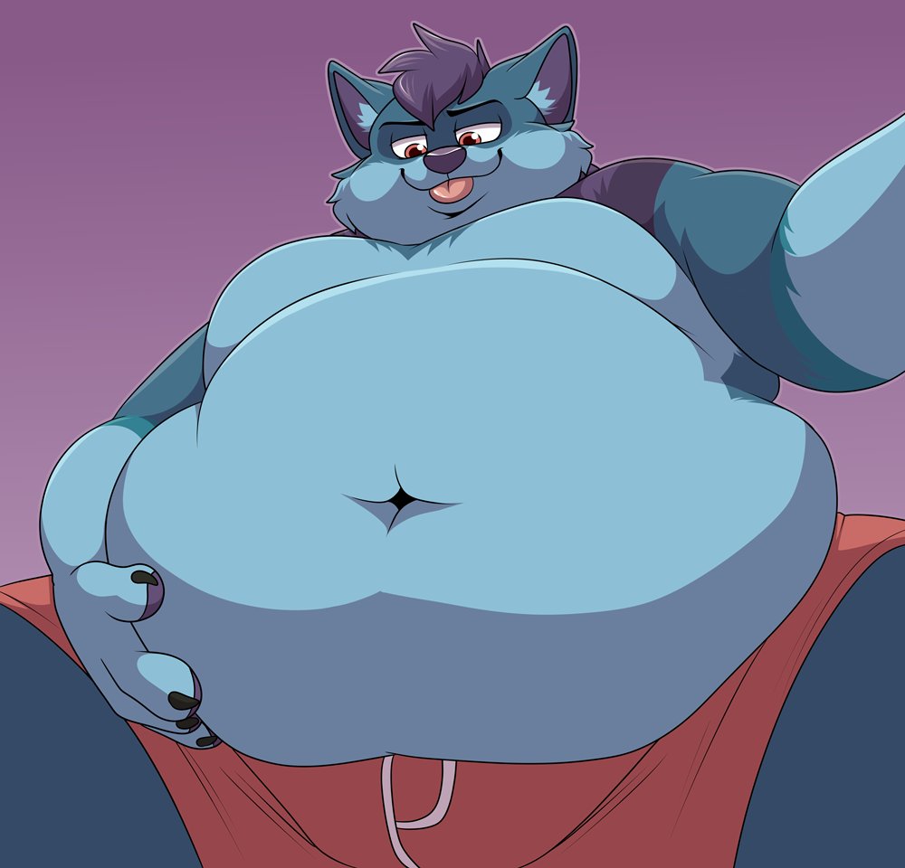 anthro belly big_belly blue_body blue_fur canid canine canis chubby_anthro chubby_male clothing fur holding_belly low-angle_view male mammal moobs navel obese obese_anthro obese_male overweight overweight_anthro overweight_male shikakaka simple_background slightly_chubby solo tongue tongue_out weight_gain wolf yukon