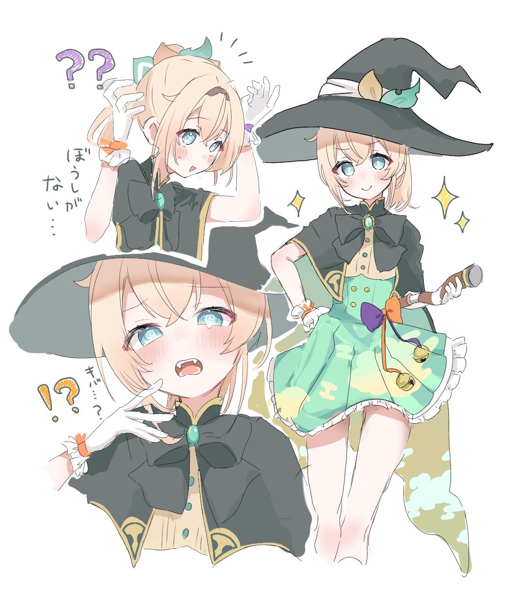 1girl @_@ aqua_eyes blonde_hair blush cape daizu_8432 dress fangs gloves green_dress hat hololive kazama_iroha ponytail smile sparkle virtual_youtuber white_background white_gloves witch witch_hat