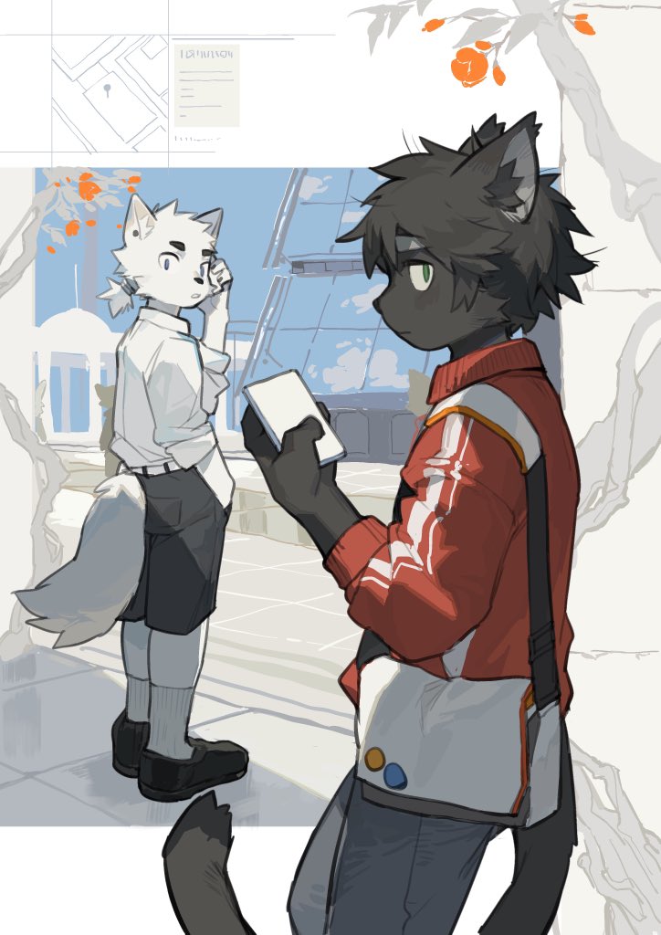 anthro biped black_body black_fur black_hair canid canine canis clothed clothing domestic_cat domestic_dog duo eyebrows felid feline felis fur hair holding_object kemono male mammal milkytiger1145 tail white_body white_fur
