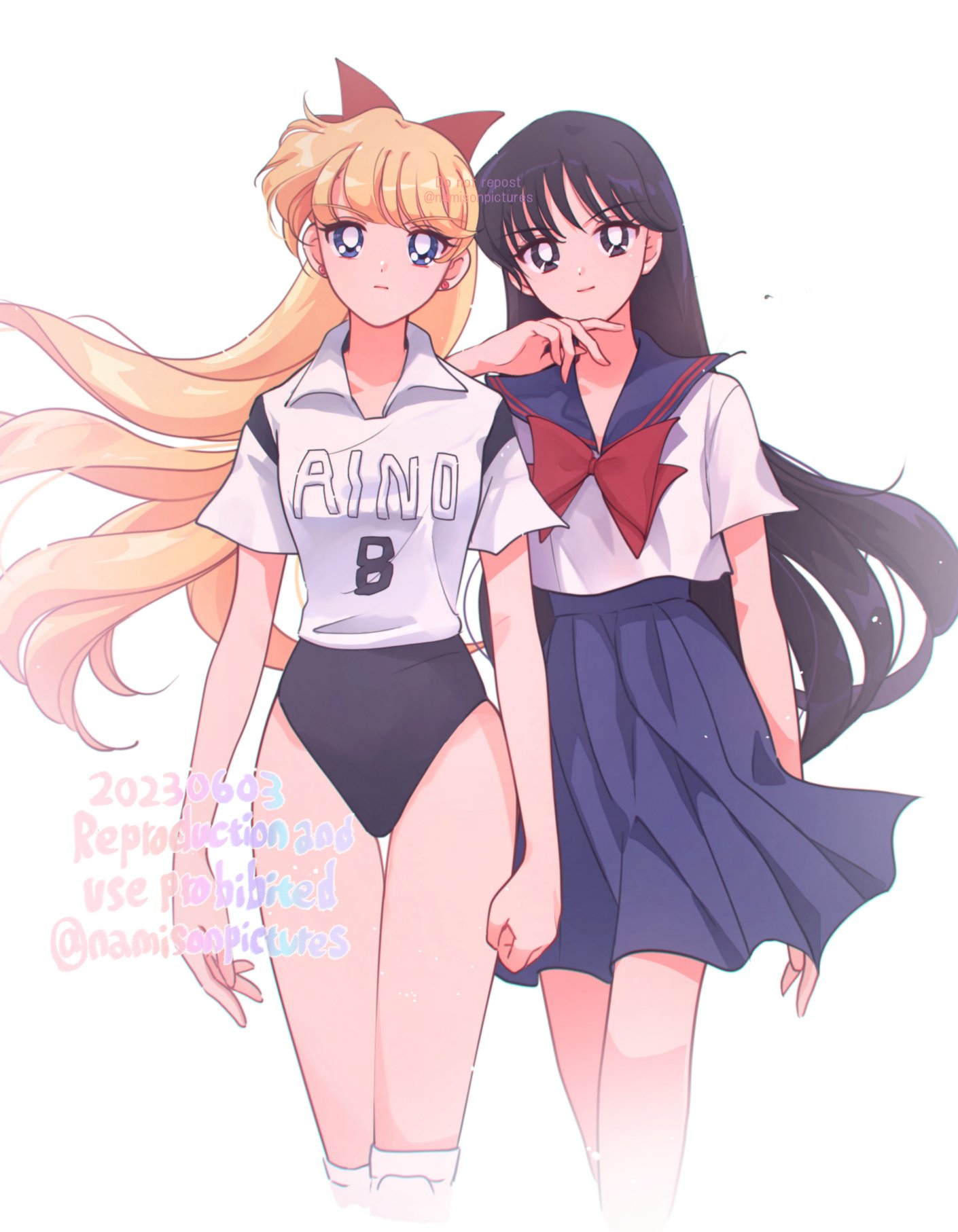 2girls aino_minako bishoujo_senshi_sailor_moon black_eyes black_hair blonde_hair blue_eyes blue_sailor_collar blue_skirt bow collared_shirt expressionless hair_bow highres hino_rei juuban_high_school_uniform long_hair multiple_girls namisonpictures red_bow sailor_collar school_uniform serafuku shirt skirt smile sportswear thighs volleyball_uniform