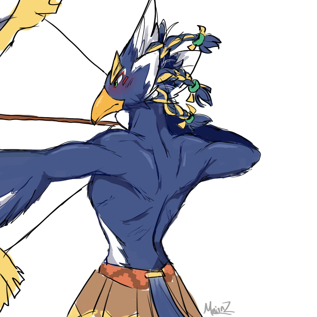 anthro archery arrow_(weapon) athletic athletic_anthro athletic_male avian back_muscles beak blue_body blue_feathers blush bow_(weapon) breath_of_the_wild feathers green_eyes hi_res mairynwoods2022 male nintendo ranged_weapon revali rito shirtless solo the_legend_of_zelda weapon