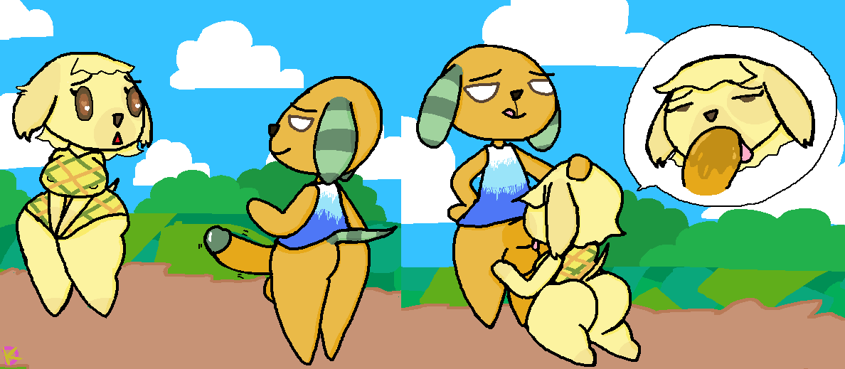 animal_crossing anthro aroused biskit_(animal_crossing) bottomless canid canine canis clothed clothing domestic_dog duo erect_nipples eye_roll female goldie_(animal_crossing) klutzatdusk looking_pleasured male male/female mammal nintendo nipple_outline nipples oral penis_awe public short_stack wide_hips
