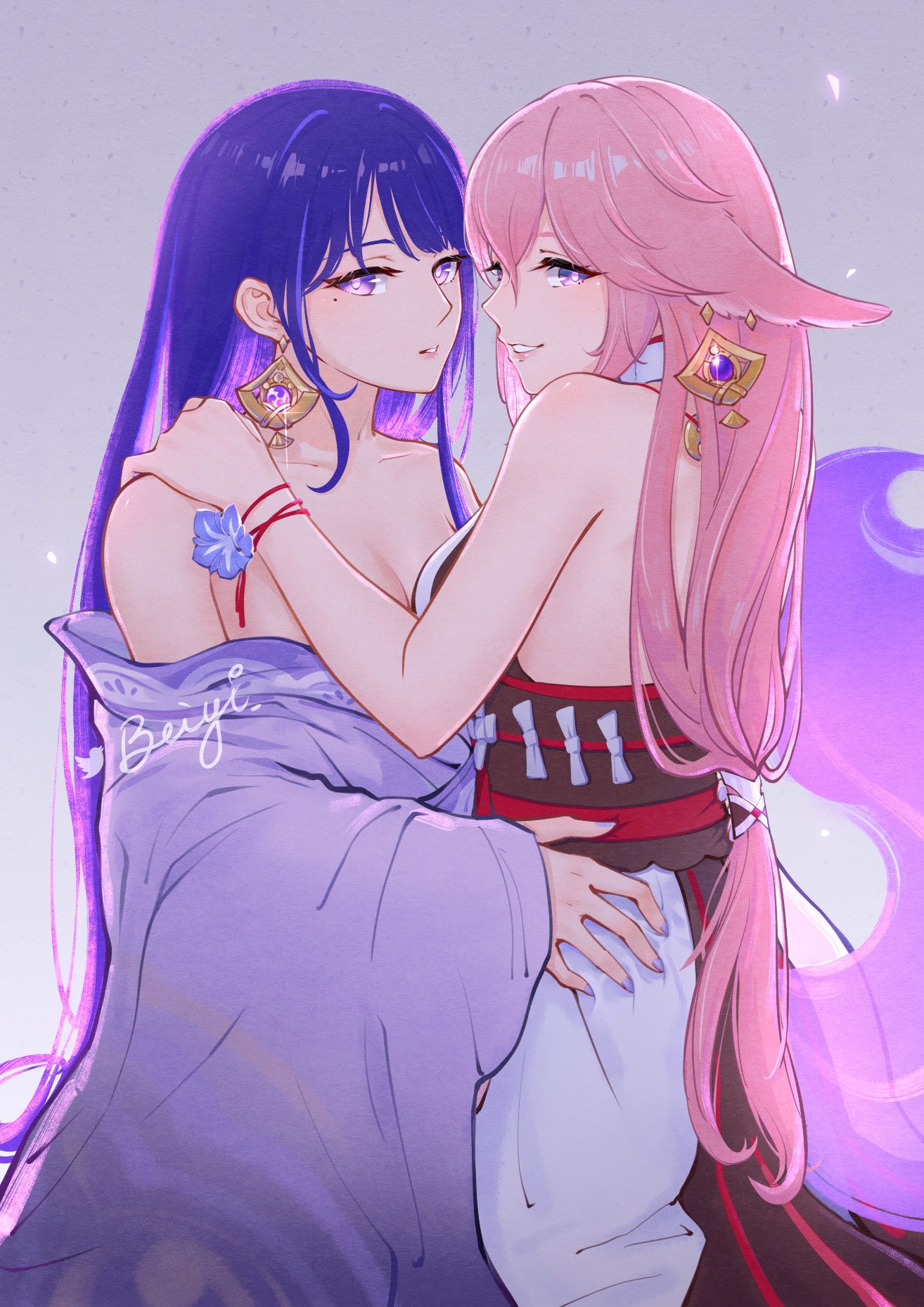 2girls animal_ears artist_name beiyi commentary earrings fox_ears genshin_impact hand_on_another's_hip hand_on_another's_shoulder highres japanese_clothes jewelry kimono long_hair mole mole_under_eye multiple_girls off_shoulder parted_lips pink_hair purple_eyes purple_hair purple_kimono raiden_shogun smile very_long_hair yae_miko yuri