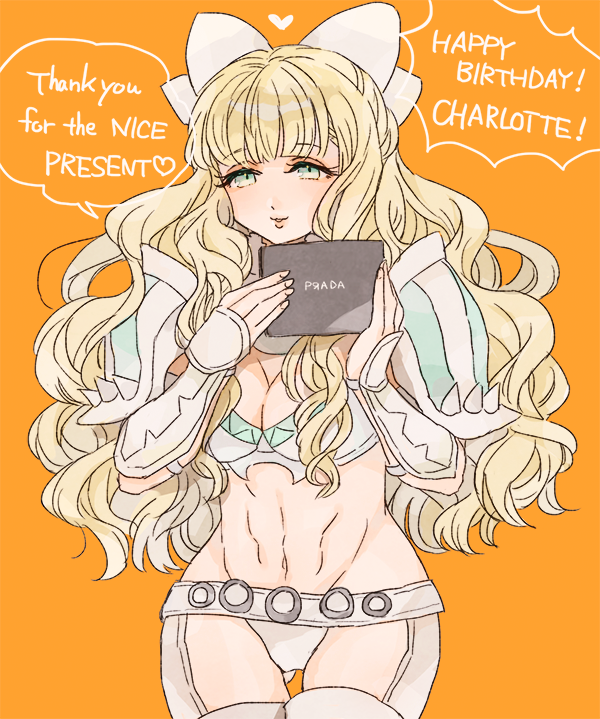 armor ass_visible_through_thighs blonde_hair blue_hair blunt_bangs bow breasts charlotte_(fire_emblem) fire_emblem fire_emblem_fates hair_bow happy_birthday large_breasts long_hair navel shoulder_armor shourou_kanna white_bow