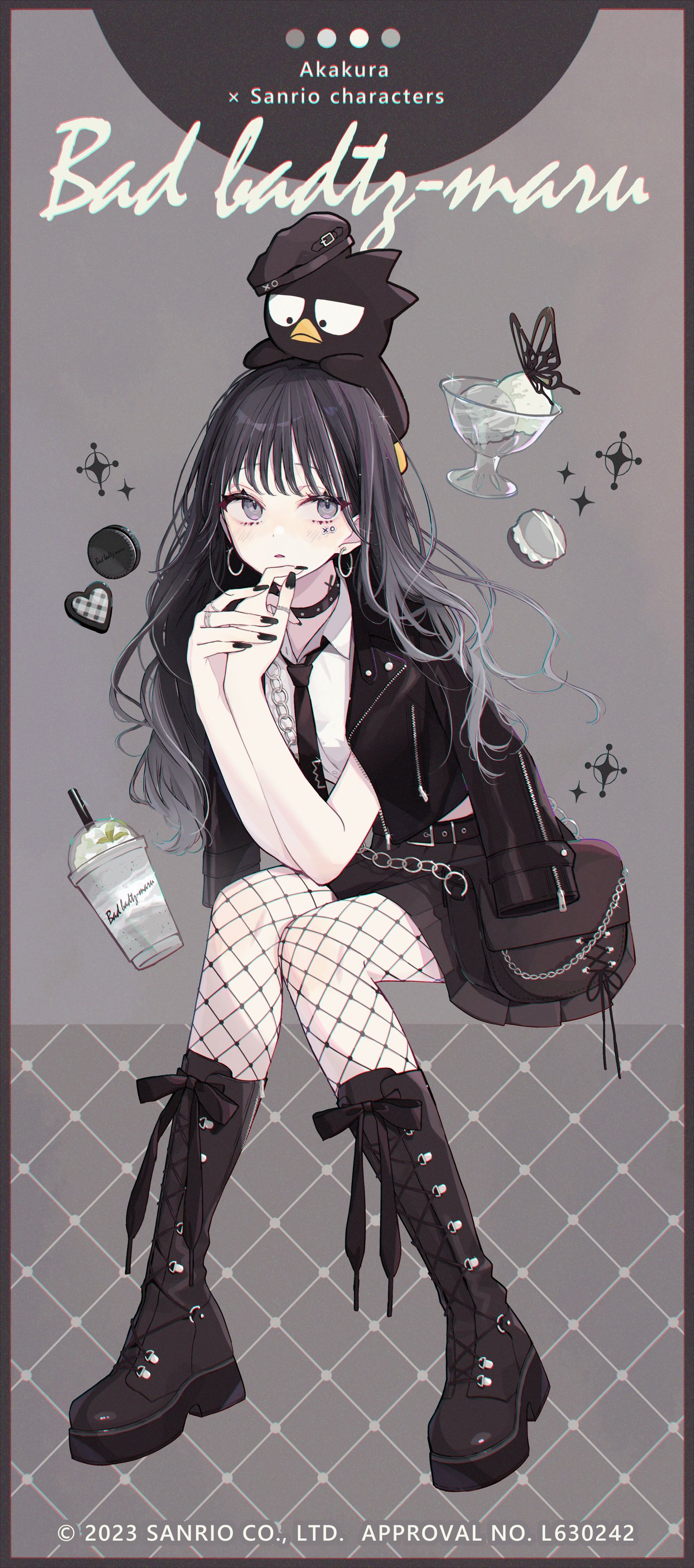 1girl absurdres akakura arms_up artist_name badtz-maru bag bird black_choker black_footwear black_headwear black_jacket black_ribbon boots chain character_name chocolate choker cookie copyright_name cross-laced_footwear cup drinking_straw fishnet_pantyhose fishnets food full_body grey_eyes highres ice_cream jacket knee_boots long_hair long_sleeves looking_away necktie open_clothes open_jacket open_mouth pantyhose penguin pleated_skirt ribbon sanrio shirt short_sleeves skirt solo sticker_on_face stuffed_toy white_shirt