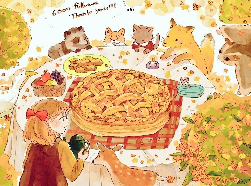 1girl animal animal_ears artist_name bird brown_hair cat closed_mouth clothed_animal deer duck food fox holding long_hair oniheya_53 original outdoors oversized_food oversized_object painting_(medium) pie ponytail smile squirrel table traditional_media watercolor_(medium)