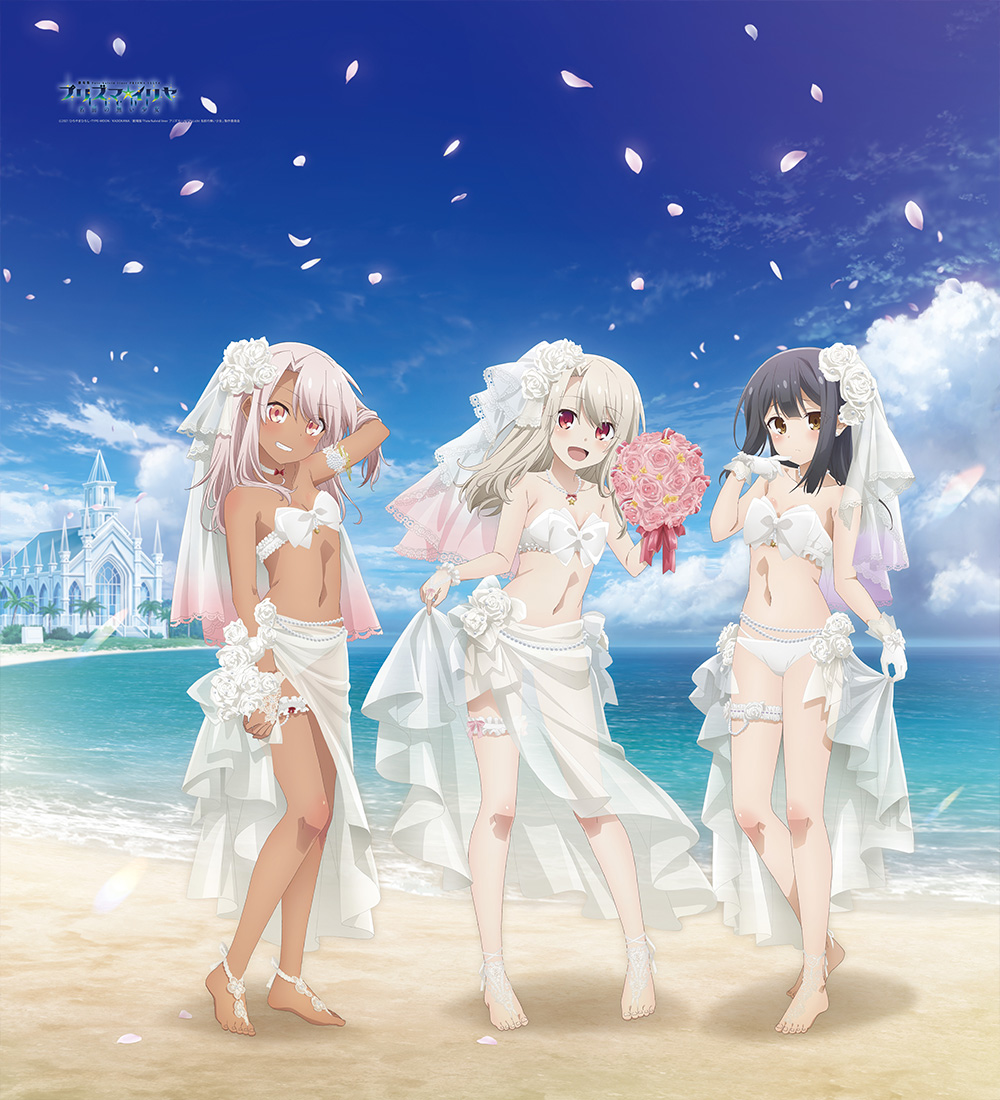 3girls ankle_garter arm_garter barefoot beach bikini black_hair blush bouquet breasts bridal_garter bridal_veil bride brown_eyes cathedral chloe_von_einzbern dark-skinned_female dark_skin fate/kaleid_liner_prisma_illya fate_(series) flower full_body gloves grey_hair hair_flower hair_ornament holding holding_bouquet illyasviel_von_einzbern long_hair looking_at_viewer miyu_edelfelt multiple_girls navel ocean official_art open_mouth orange_eyes outdoors petals pink_flower pink_hair red_eyes sarong satou_kaori small_breasts smile swimsuit veil water white_bikini white_flower white_gloves