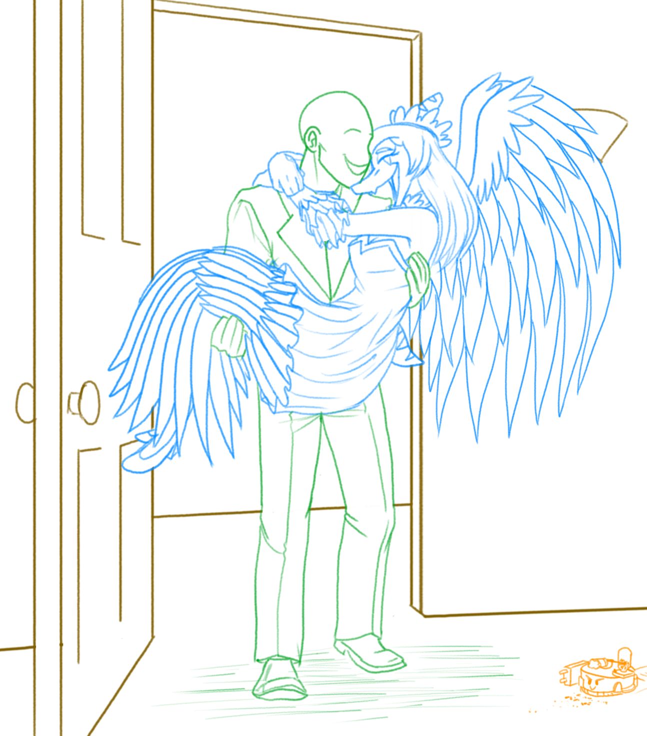 anon_(snoot_game) anthro arms_around_neck bald blue_and_white bone_frill breasts bridal_carry carrying carrying_another clothed clothing dress duo eyes_closed faceless_character faceless_human faceless_male fang_(gvh) feathered_wings feathers female female_anthro footwear frill_(anatomy) goodbye_volcano_high green_and_white hi_res human human_on_anthro interspecies line_art male male/female mammal metal_gear_raymba monochrome open_mouth open_smile protonmono pterodactylus pterosaur reptile scalie shoes short_tail smile snoot_game suit tail wedding_dress wings