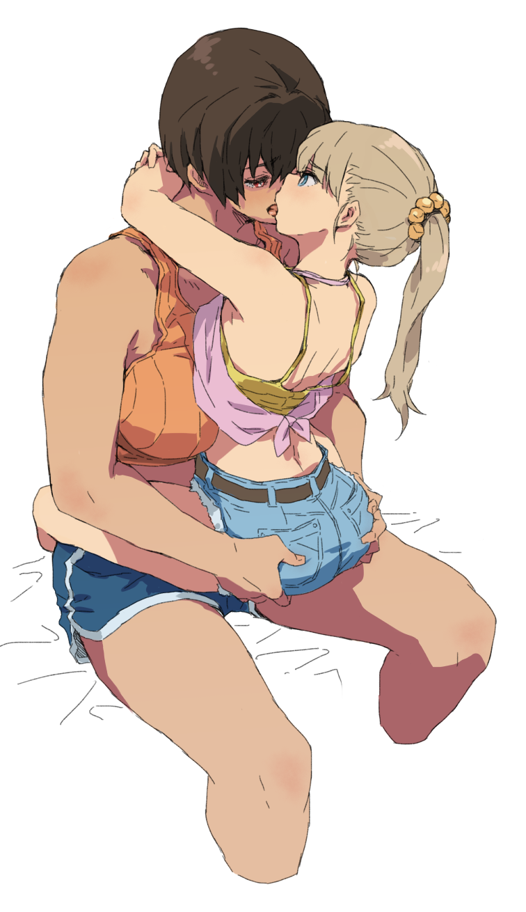2girls arms_around_neck ass ass_grab back blue_shorts breasts brown_hair cutoffs dark-skinned_female dark_skin denim denim_shorts french_kiss grabbing_another's_ass groping height_difference highres hug kiss large_breasts long_hair m_k multiple_girls original ponytail short_hair short_shorts shorts simple_background sitting sitting_on_lap sitting_on_person size_difference tomboy tongue tongue_out white_background yuri