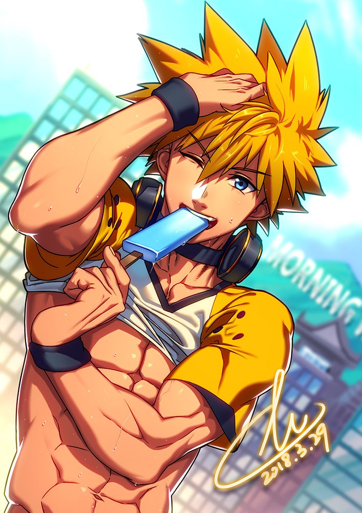 1boy abs bara black_choker black_shirt blonde_hair blue_eyes choker clothes_lift cloud dated day food food_in_mouth headphones holding holding_food holding_popsicle lenga_valentine lvlv male_focus multicolored_shirt muscular muscular_male navel one_eye_closed outdoors paradiso_guardian pectorals popsicle popsicle_in_mouth shirt shirt_lift short_hair sky smile solo spiked_hair white_shirt wristband yellow_shirt