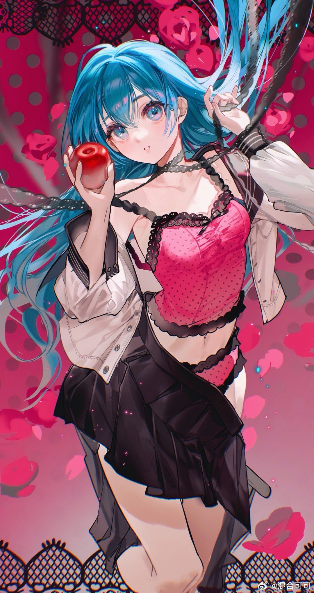 1girl apple black_skirt blue_eyes blue_hair breasts camisole chinese_commentary commentary_request fingernails floating_hair food fruit hair_between_eyes hands_up hatsune_miku highres holding holding_food holding_fruit lace-trimmed_camisole lace-trimmed_panties lace_trim long_hair long_sleeves looking_at_viewer medium_breasts open_clothes open_shirt panties parted_lips partially_undressed pink_background pink_camisole pink_panties pleated_skirt polka_dot_camisole red_apple romeo_to_cinderella_(vocaloid) rumoon shirt skirt solo underwear very_long_hair vocaloid weibo_logo weibo_username white_shirt