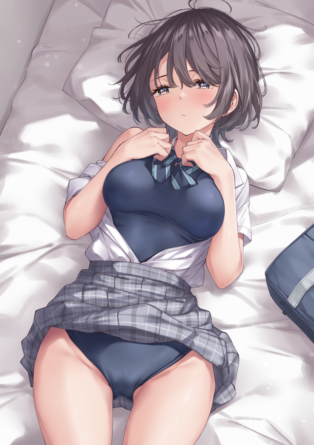 1girl :/ averting_eyes bag black_hair blue_bow blue_bowtie blue_one-piece_swimsuit blush bow bowtie breasts brown_eyes closed_mouth collared_shirt commentary_request competition_swimsuit cowboy_shot grey_skirt groin hair_between_eyes hands_on_own_chest highres light_blush looking_at_viewer looking_to_the_side lying medium_breasts messy_hair new_school_swimsuit off_shoulder on_back on_bed one-piece_swimsuit open_clothes open_shirt original pillow plaid plaid_skirt pleated_skirt school_bag school_swimsuit school_uniform shirt shirt_tucked_in short_hair shy skirt solo striped striped_bow striped_bowtie swimsuit swimsuit_under_clothes thigh_gap thighs white_shirt wing_(aiastor)