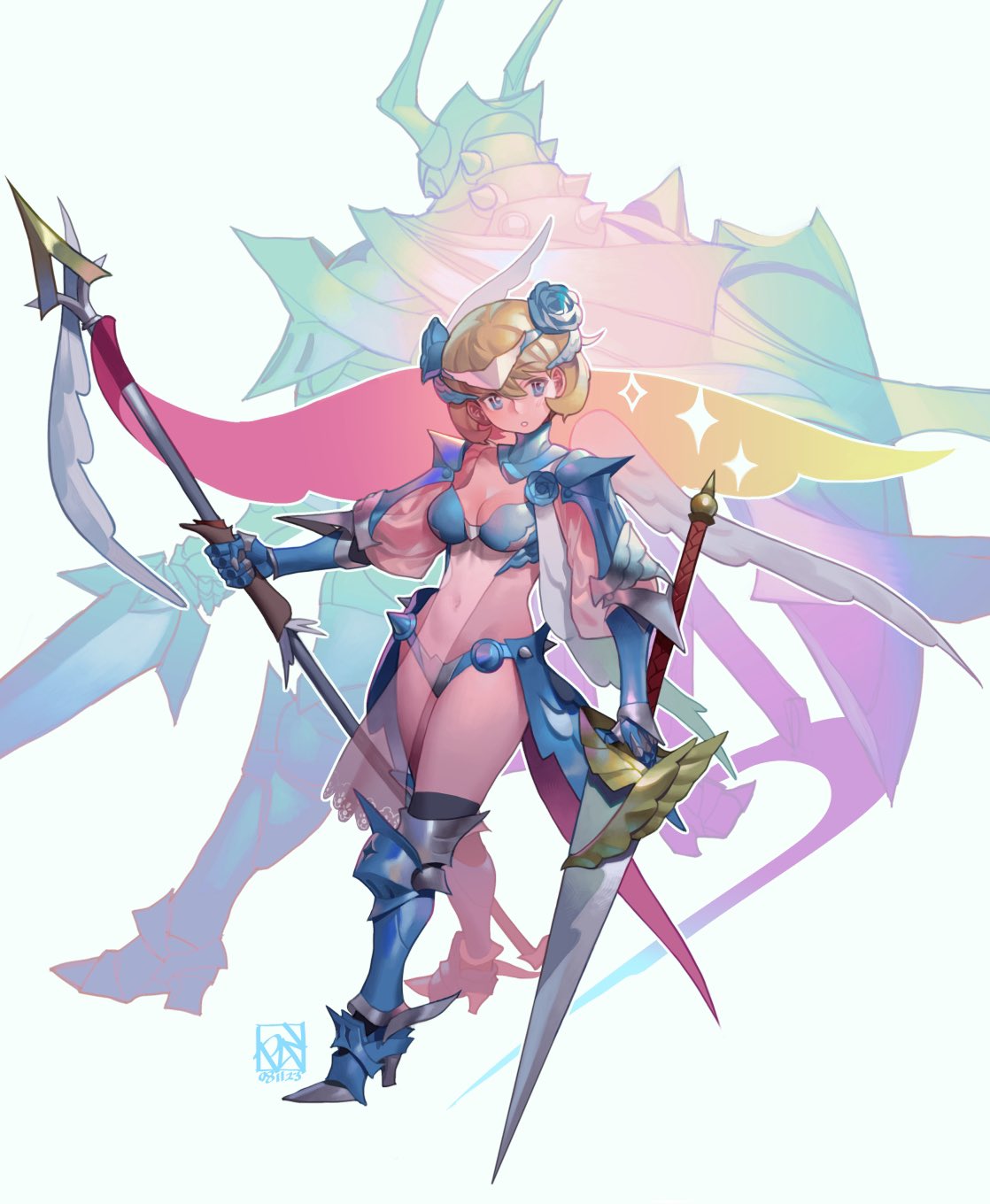 arm_armor armor armored_boots bikini bikini_armor blonde_hair blue_eyes blue_flower blush boots bra breasts cleavage dual_wielding feathered_wings flower gauntlets hair_flower hair_ornament highres holding holding_polearm holding_staff holding_weapon knee_boots knight lance looking_at_viewer medium_breasts midriff navel original pauldrons poch4n polearm puffy_sleeves see-through short_hair shoulder_armor sparkle staff swimsuit underwear valkyrie weapon wings