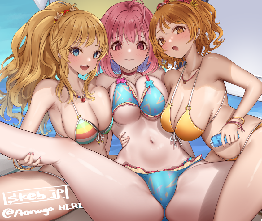 3: 3girls :o ahoge aonaga_heri bare_shoulders beach bikini blonde_hair blue_bikini blue_eyes blue_hair bob_cut breasts brown_eyes brown_hair choker cleavage closed_mouth collarbone colored_inner_hair commission fingernails high_ponytail hojo_karen idolmaster idolmaster_cinderella_girls idolmaster_cinderella_girls_starlight_stage jewelry large_breasts leg_grab legs long_hair looking_at_viewer lotion multicolored_bikini multicolored_clothes multicolored_hair multiple_girls nail_polish navel necklace o-ring o-ring_bikini o-ring_top ohtsuki_yui open_mouth orange_bikini outdoors pink_choker pink_eyes pink_hair pink_lips pink_nails pink_wristband sand sideboob sitting skeb_commission smile spread_legs stomach striped striped_bikini sunscreen swimsuit teeth thighs torso_grab triangle_print twitter_username two-tone_hair unaligned_breasts webpage yellow_bikini yellow_wristband yumemi_riamu