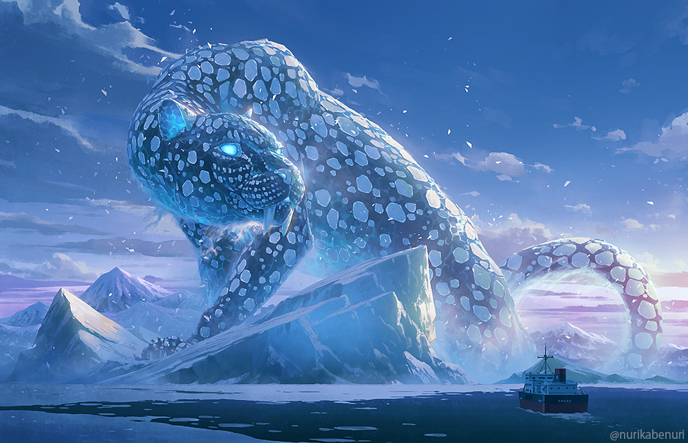 animal blue_sky boat cloud evening fangs giant glowing glowing_eyes ice iceberg leopard monster no_humans nurikabe_(mictlan-tecuhtli) original outdoors oversized_animal sky snow twitter_username watercraft
