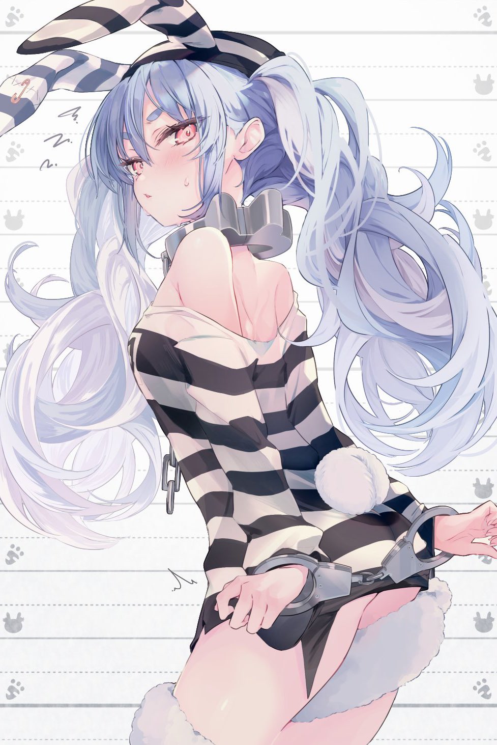1girl animal_ears blue_hair braid chain collar cuffs from_behind handcuffs highres hololive long_hair looking_at_viewer looking_back metal_collar muzin_chan off-shoulder_shirt off_shoulder prison_clothes prisoner rabbit_ears rabbit_girl rabbit_tail shirt simple_background solo striped striped_headwear sweat tail thick_eyebrows twin_braids twintails usada_pekora usada_pekora_(3rd_costume) virtual_youtuber