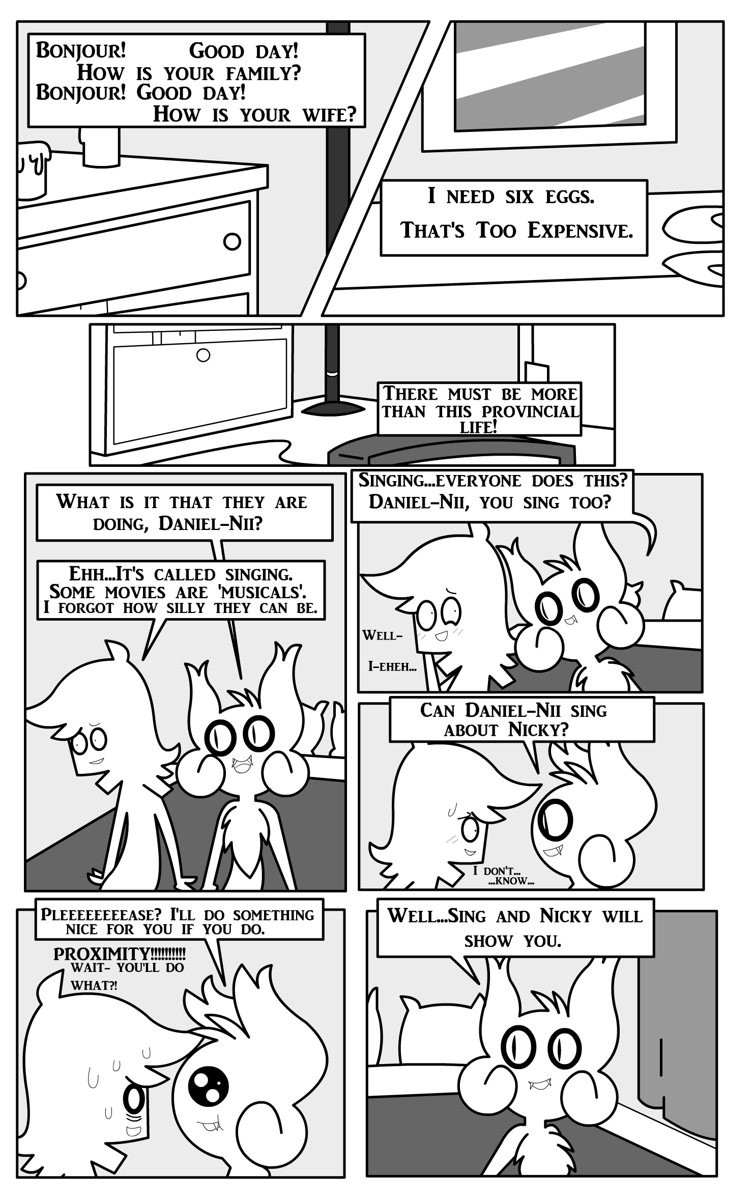 ambiguous_gender anthro bat bed blush blush_lines bodily_fluids border candle chest_tuft comic curtains daniel_toke dialogue drawer duo english_text eye_contact fangs furniture greyscale happy hi_res human iconography inside looking_at_another male male/ambiguous mammal mirror monochrome nicky_(abfmh) nude on_bed overbite panicking pillow pupils puppy_eyes shane_frost sitting slit_pupils smile speech_bubble sweat sweatdrop teeth text tuft white_border wire