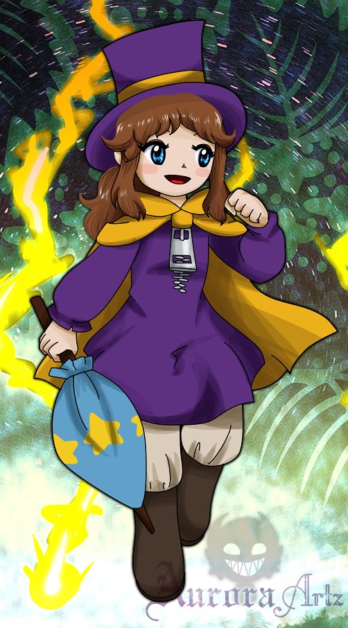 1girl a_hat_in_time aurora_artz black_footwear blue_umbrella brown_hair cape commentary dress english_commentary full_body hat hat_kid holding holding_umbrella medium_hair orange_cape pants purple_dress purple_headwear signature solo star_(symbol) star_print top_hat touhou umbrella white_pants zipper zun_(style)