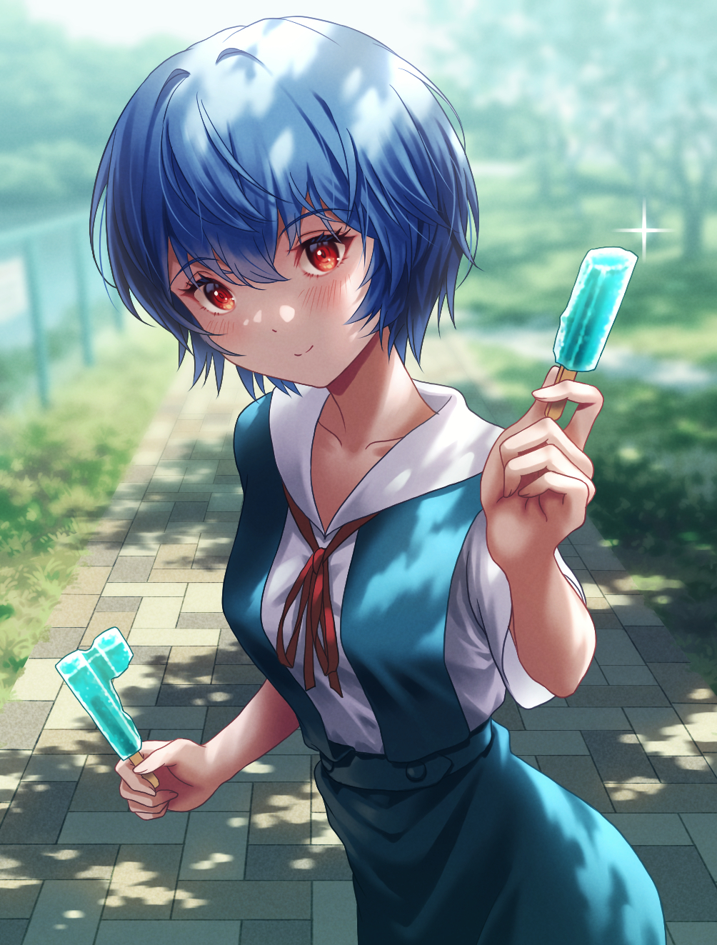 1girl ayanami_rei blue_hair blue_skirt blurry blurry_background blush breasts closed_mouth collarbone commentary cowboy_shot day depth_of_field dress_shirt eyelashes fence food grass hair_between_eyes hand_up highres holding holding_food holding_popsicle incoming_food light_smile looking_at_viewer medium_breasts neck_ribbon neon_genesis_evangelion outdoors park path popsicle red_eyes red_ribbon ribbon school_uniform shirt short_hair short_sleeves skirt smile solo sparkle standing stone_floor suspender_skirt suspenders tokyo-3_middle_school_uniform tree white_shirt yahha