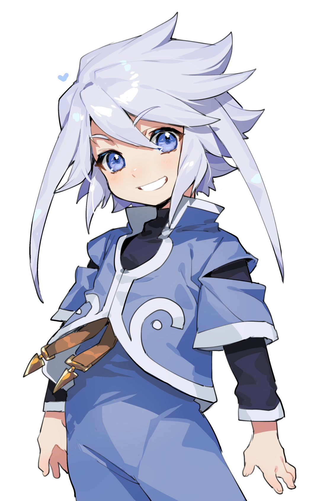 1boy blue_eyes genis_sage grey_hair grin highres long_sleeves looking_at_viewer male_child male_focus short_hair_with_long_locks smile solo tales_of_(series) tales_of_symphonia yadayada