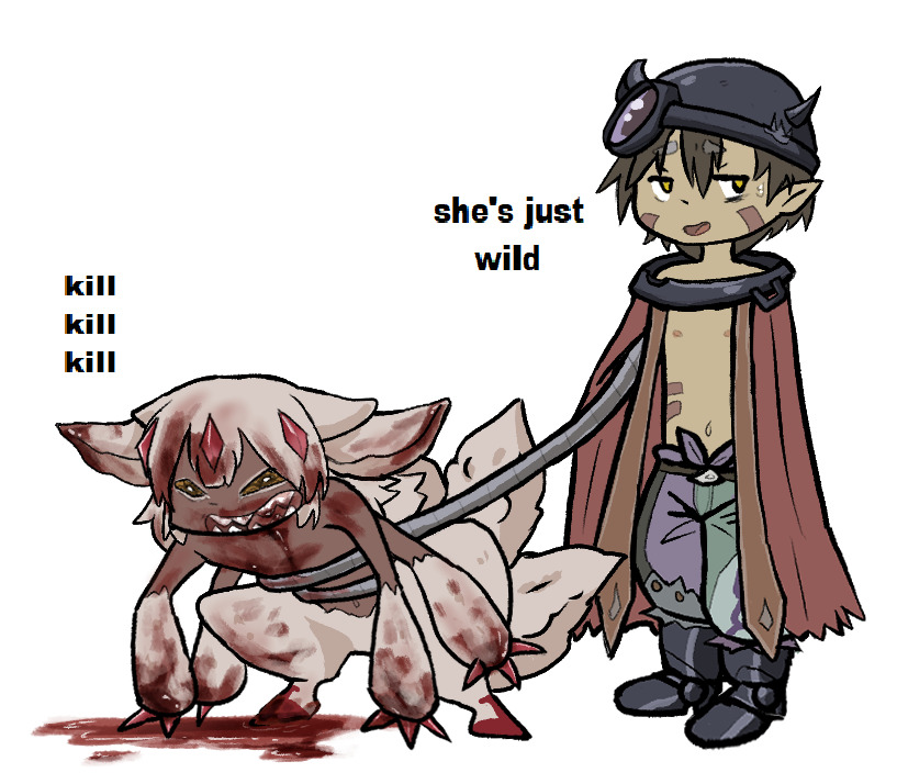 blood blood_on_fur blood_on_hand blood_on_mouth blood_soaked_fur blood_stain bodily_fluids brown_body brown_skin colored duo english_text faputa farabruh female feral forehead_gem fur humanoid machine made_in_abyss male narehate reg_(made_in_abyss) robot robot_humanoid sharp_teeth shattered_eyes tan_body tan_skin teeth text white_body white_fur