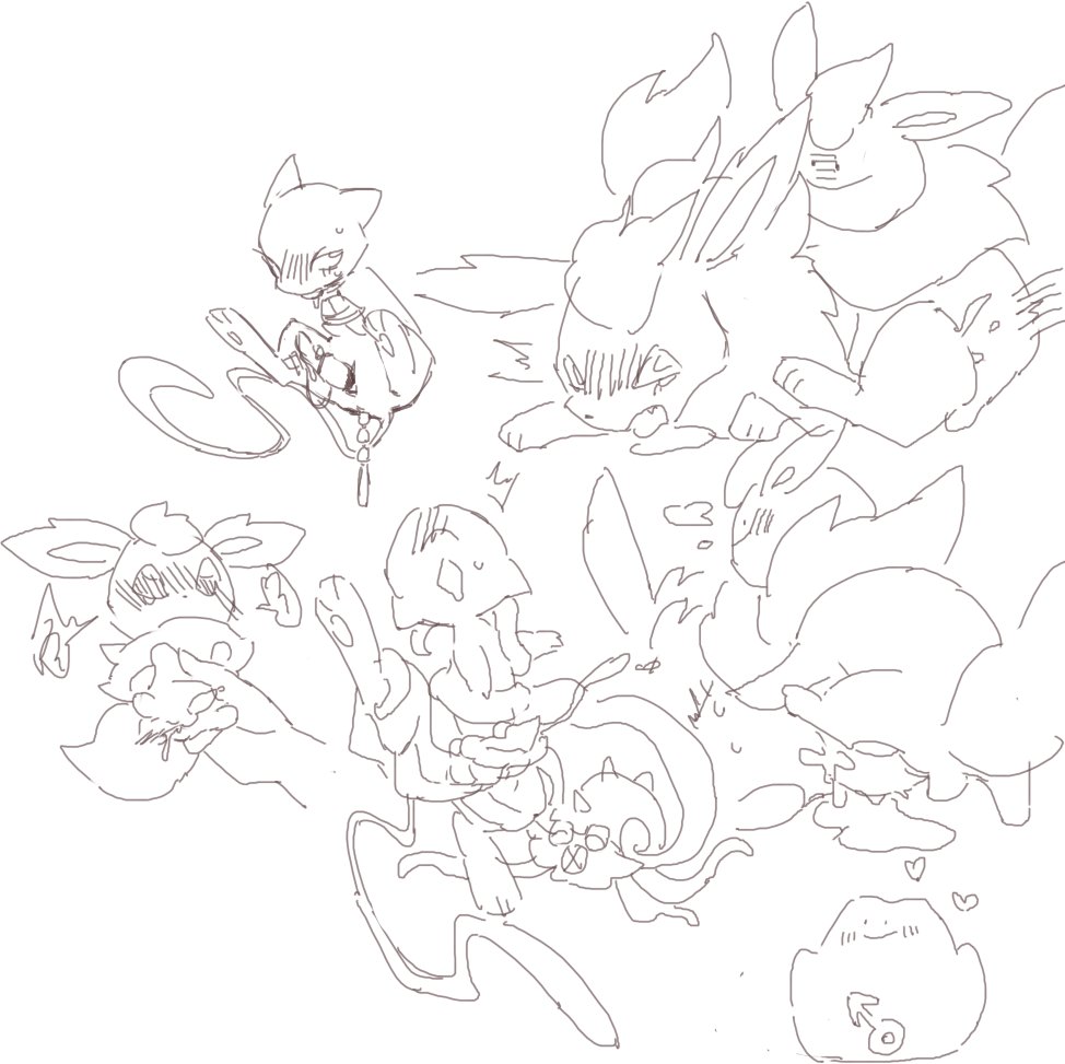 2018 coiling ditto_(pokemon) eeveelution feral flareon fossil_pokemon generation_1_pokemon genitals group legendary_pokemon male mew_(pokemon) nintendo niogupoke omastar penis pokemon pokemon_(species) sex sketch sketch_page