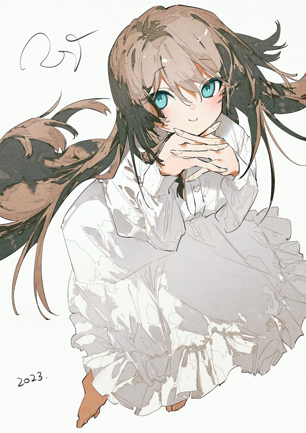1girl 2023 barefoot blue_eyes blush brown_hair closed_mouth commentary_request dress full_body hair_between_eyes highres long_dress long_hair long_sleeves looking_at_viewer original own_hands_together potg_(piotegu) signature simple_background smile solo white_background white_dress