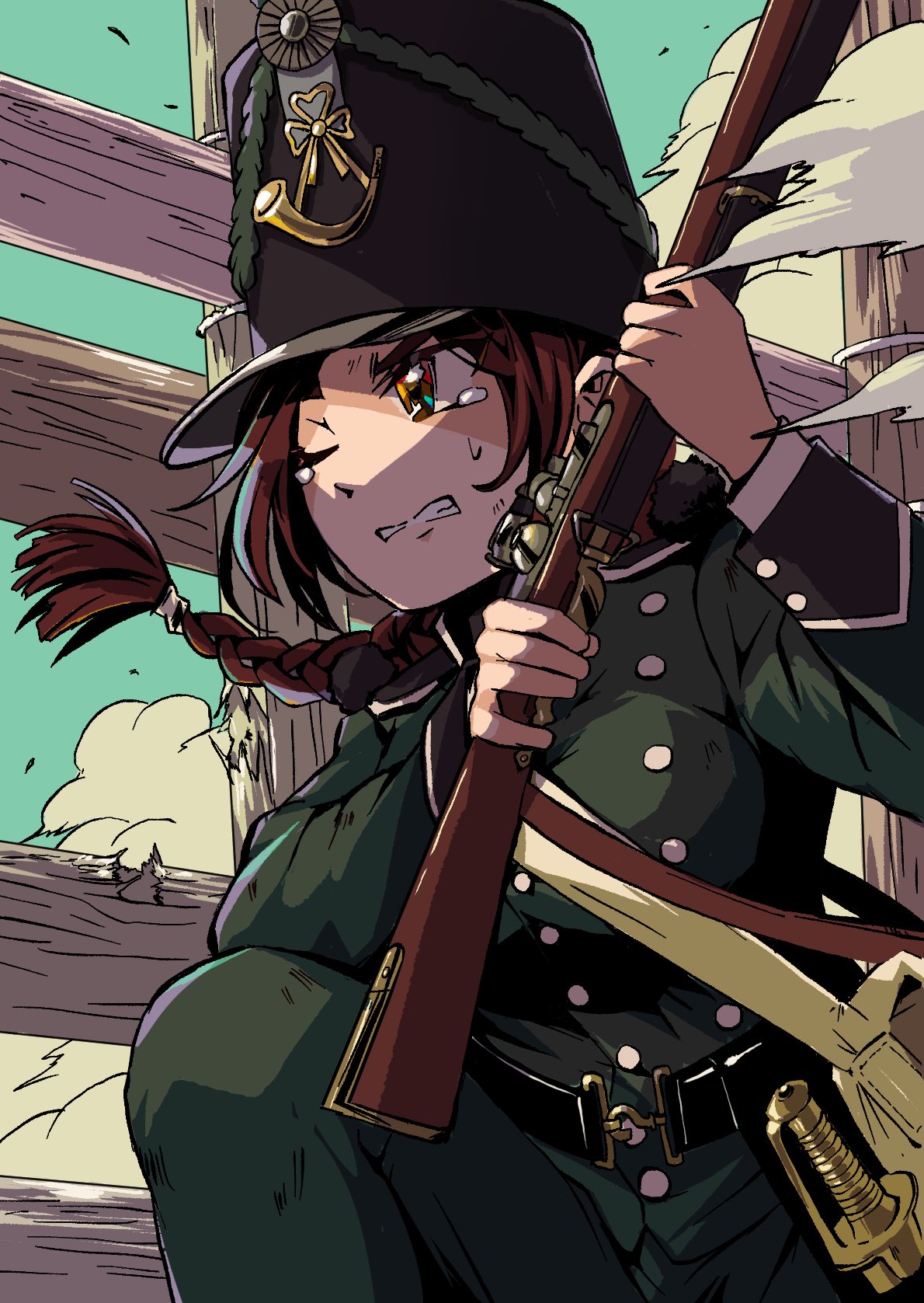 1girl antique_firearm bag baker_rifle belt blue_sky braid braided_ponytail british_army brown_eyes brown_hair bullet_hole buttons caplock clenched_teeth double-breasted epaulettes fence firelock flintlock green_jacket gun hair_tie hat highres holding holding_gun holding_weapon holstered jacket long_hair long_sleeves military military_hat military_uniform musket one_eye_closed original outdoors post_and_rail_fence rifle saber_(weapon) satchel shako_cap shoulder_bag sidelocks single_braid sky sleeve_cuffs solo squatting sweat sweatdrop sword tearing_up teeth uniform weapon wooden_fence wrist_cuffs zeinikunosekai