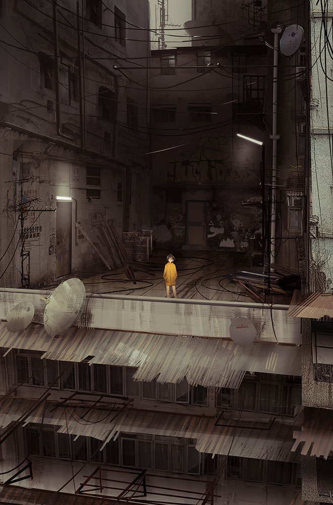 1girl apartment building city cloud cloudy_sky coat graffiti hands_in_pockets haru_akira looking_at_viewer on_roof original outdoors power_lines satellite_dish scenery short_hair sky solo standing yellow_coat