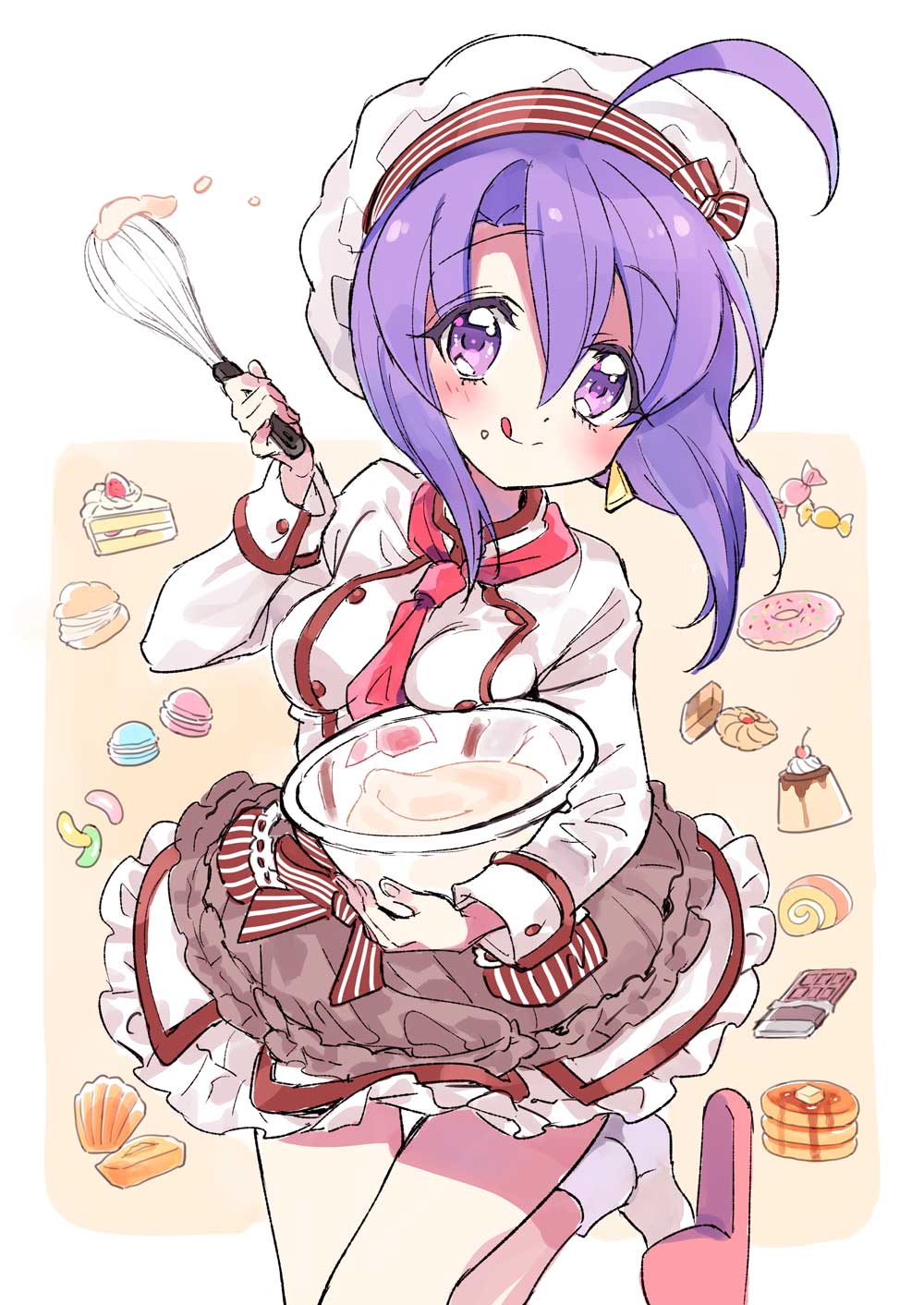 1girl ahoge baking blush breasts chef_hat closed_mouth dough dress earrings frilled_dress frills hat highres jashin-chan_dropkick jewelry looking_at_viewer medium_breasts medusa_(jashin-chan_dropkick) official_art purple_eyes purple_hair short_hair smile solo tongue tongue_out yukiwo