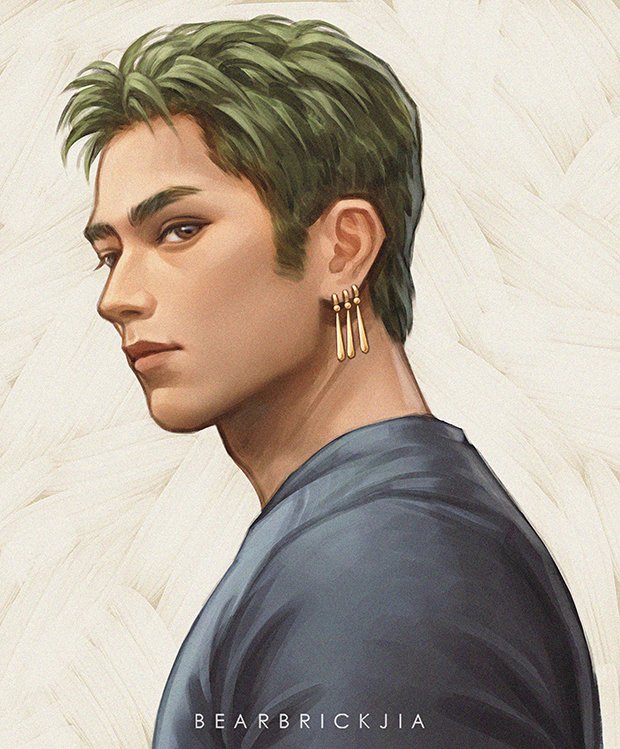 1boy artist_name black_shirt brown_eyes earrings green_hair jewelry karmen_loh looking_at_viewer male_focus multiple_earrings one_piece one_piece_(live_action) portrait roronoa_zoro shirt short_hair sideburns simple_background solo