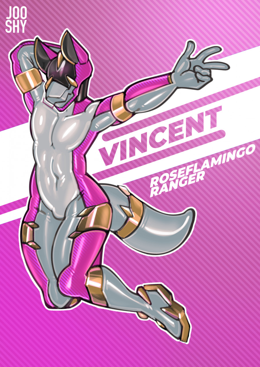 2021 5_fingers action_pose anthro bodysuit bulge canid canine clothing english_text fingers fox girly gold_(metal) hi_res jooshy latex latex_clothing male mammal mask name_in_background navel navel_outline pink_latex pink_rubber_suit pose power_rangers restraints rubber rubber_clothing rubber_suit sentai_inspired skinsuit solo spandex spandex_suit superhero text tight_clothing vincent_(pinky_vincent) white_latex white_rubber