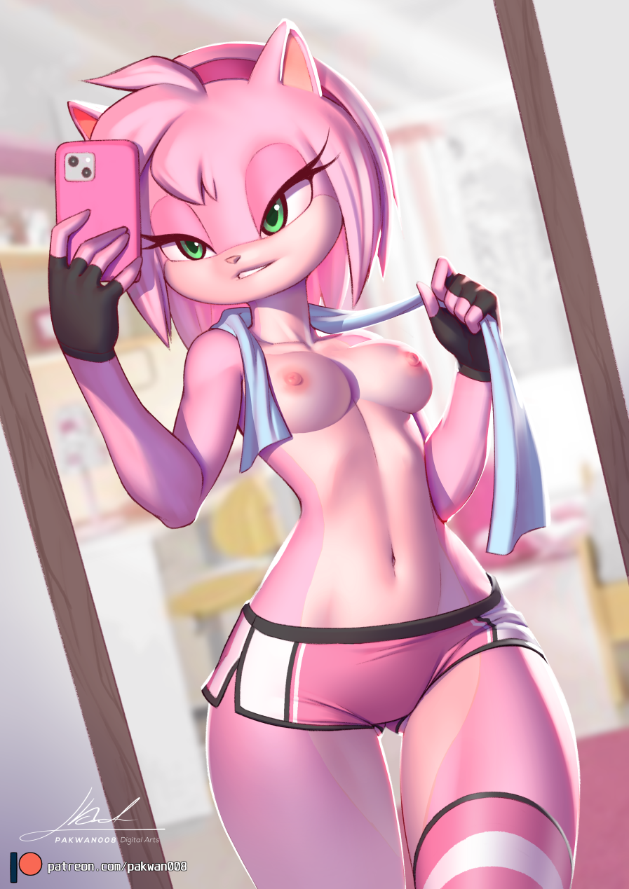 2023 5_fingers accessory amy_rose anthro areola bottomwear breasts butt_from_the_front cellphone clothed clothing digital_media_(artwork) eulipotyphlan eyelashes female fingerless_gloves fingers gloves green_eyes gym_bottomwear gym_clothing gym_shorts hair hair_accessory hairband handwear hedgehog hi_res holding_cellphone holding_object holding_phone holding_smartphone legwear mammal midriff mirror navel nipples pakwan008 phone pink_body sega short_hair shorts small_breasts smartphone solo sonic_the_hedgehog_(series) text topless towel towel_around_neck url