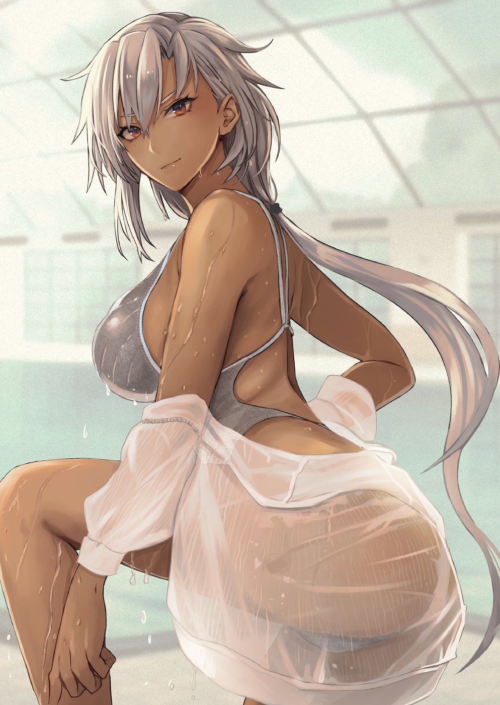 1girl alternate_hairstyle ass breasts brown_eyes competition_swimsuit covered_navel dark-skinned_female dark_skin day hair_between_eyes highres indoors jacket kantai_collection kasumi_(skchkko) large_breasts light_brown_hair long_sleeves looking_at_viewer looking_to_the_side musashi_(kancolle) musashi_kai_ni_(kancolle) one-piece_swimsuit open_mouth ponytail pool shirt silver_one-piece_swimsuit solo starting_block swimsuit water wet wet_clothes wet_jacket wet_swimsuit window