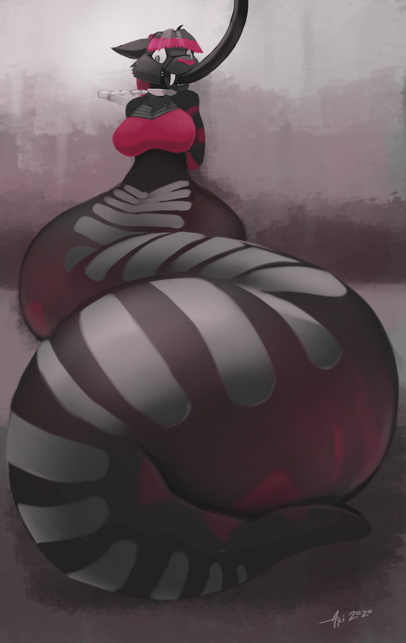 2020 accidentalaesthetics anthro apode big_breasts big_tail black_body black_fur black_hair bottomless breasts clothed clothing cuff_(restraint) draconcopode dungeon fangs felid female fur grey_eyes hair hi_res highlights_(coloring) hose hose_inflation inflation lamia legless mammal pink_clothing pink_highlights pink_nose pink_topwear reptile restraints sabertooth_(anatomy) scalie serpentine shackles shaded snake solo split_form tail teeth topwear tube_top